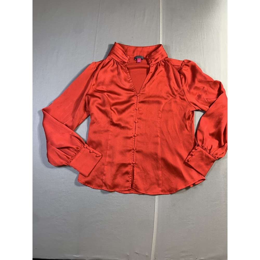 VINCE CAMUTO Top Blouse Vermillon Red V Neck Button Up Satin